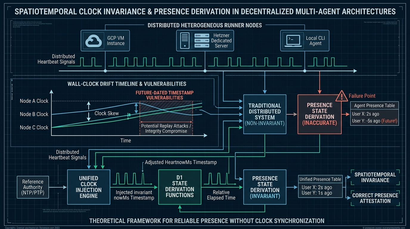 Spatiotemporal Clock Invariance & Presence Derivation in Decentralized Multi-Agent Architectures